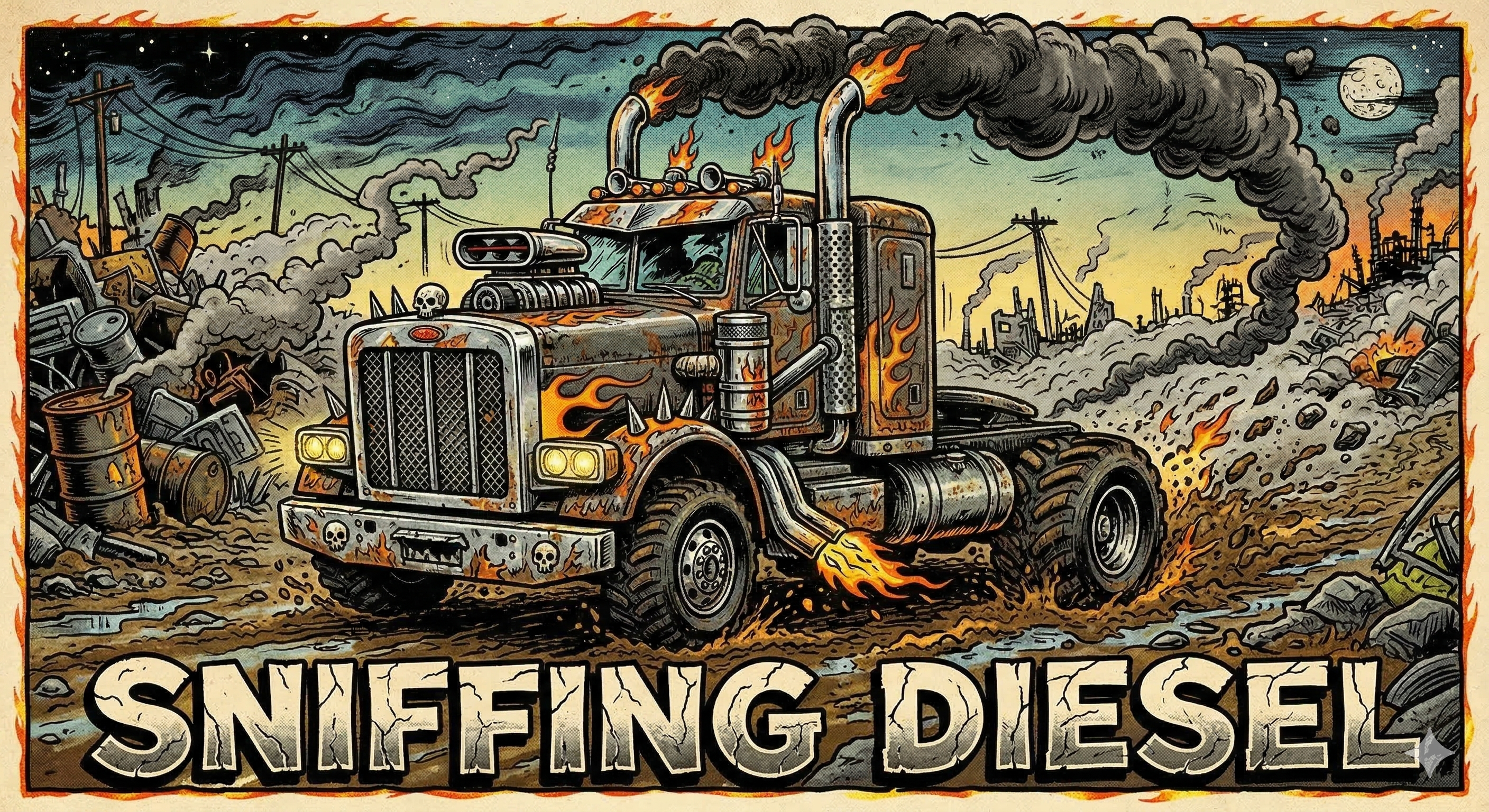 Sniffing Diesel — a flaming Peterbilt in a post-apocalyptic hellscape